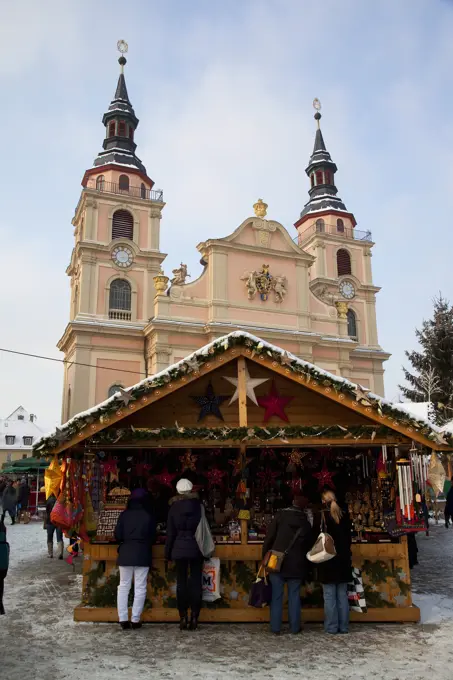 Germany, Baden Wurttemberg, Ludwigsburg, Christmas Market - market stall and Church