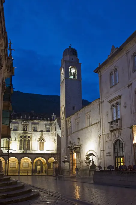 Croatia, Dalmatia, Dubrovnik, The bell tower on the Stradun at dusk