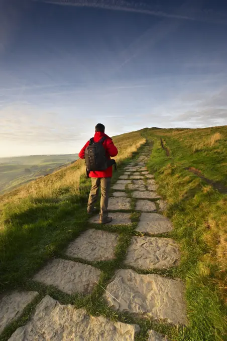 UK - England, Derbyshire, Peak District National Park, Hiker on Mam Tor