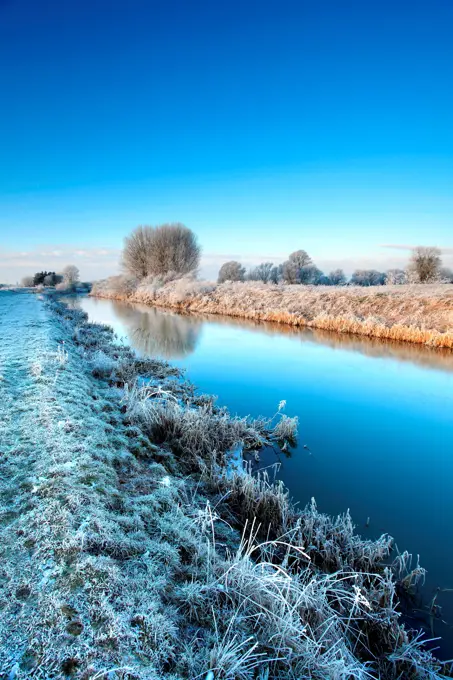 Hoare frost winter scene, river Welland, Peakirk village, Cambridgeshire, England; Britain; UK