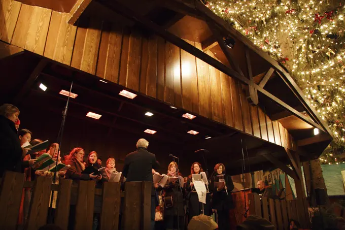 Germany, Hesse, Frankfurt, Altstadt Christmas Market - choir and Christmas tree