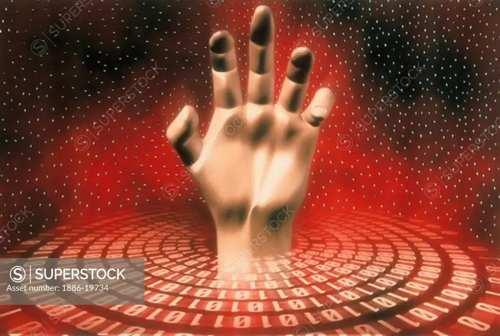 Hand reaching out of a digital field.