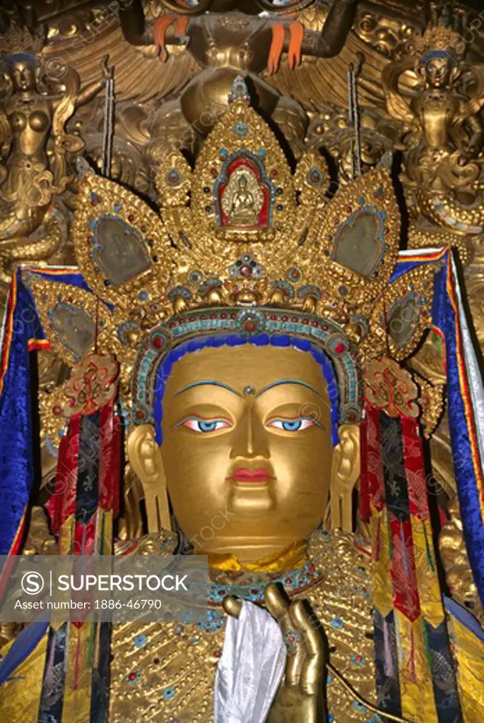 Large MAITREYA STATUE in the main hall of the JOKHANG, TIBET'S holiest temple, built by KING SONGTSEN GAMPO - LHASA, TIBET