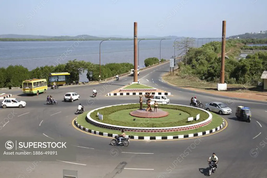 The Panjim Circle under the Mandovi bridge links Panjim city to Ponda ; Ribandar ; Old Goa ; India