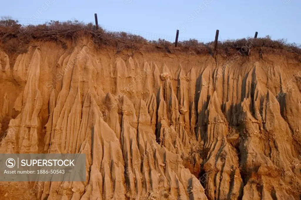 SOIL EROSION creates beautiful fluted shapes and is caused by a roadway cut into a hillside - BIG SUR, CALIFORNIA