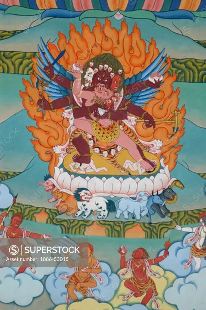 Mural of Red Heruka (Hayagriva) yabyum with tutelary deities in a Tibetan Monastery in Dabpa County, Kham - Sichuan Province, China, (Tibet)