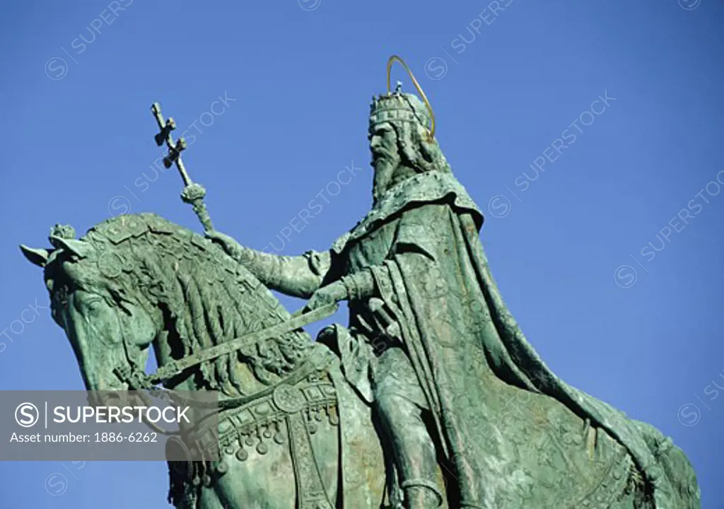 Statue of ST STEPHEN (977-1038 AD), HUNGARY'S first king, stands near MATTHIAS CHURCH - BUDAPEST 