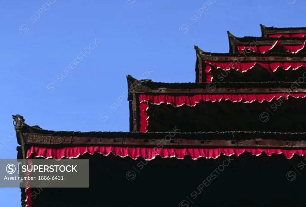 Roof detail of Nyatapola Temple, Nepal's tallest at 98 feet was dedicated in 1702 by king Bupathindra Malla - Bhaktapur, Nepal