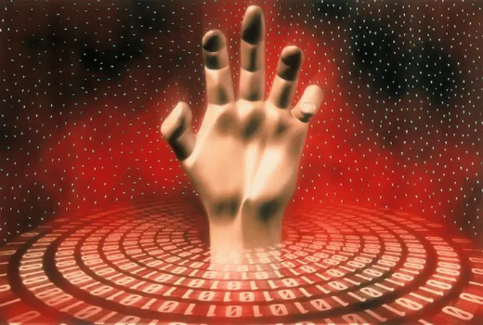 Hand reaching out of a digital field.