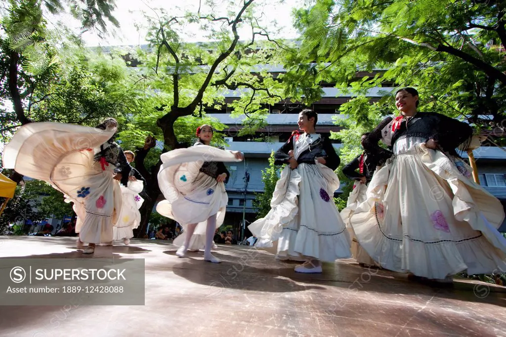 Women Wearing Traditional Dress Performing A Paraguayan Polka, Asuncion, Paraguay