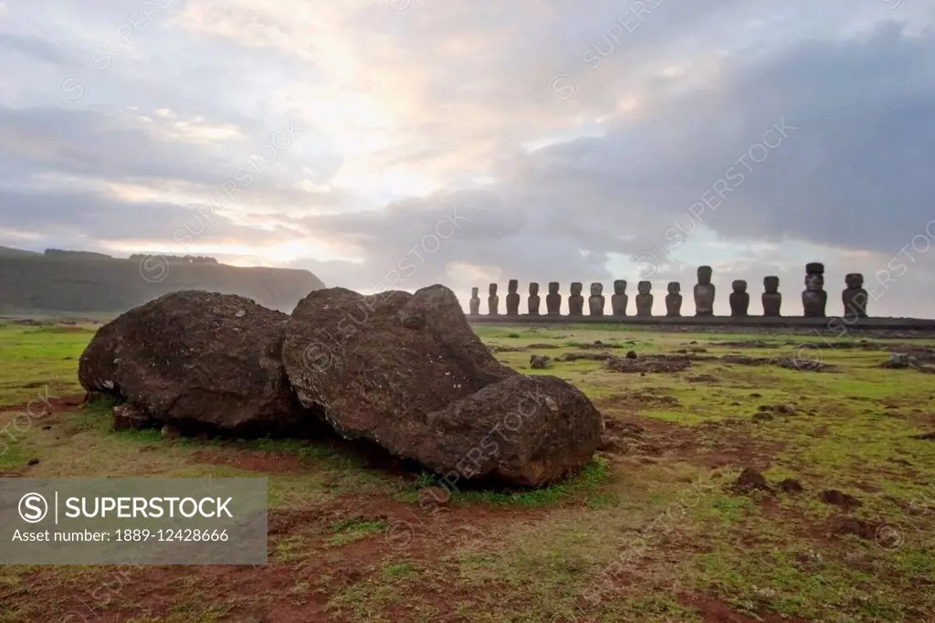 Fallen Moai & Fifteen Moais From Different Periods, Restored By Archaeologist Claudio Cristino, At Ahu Tongariki At Dawn, Rapa Nui (Easter Island), Ch...