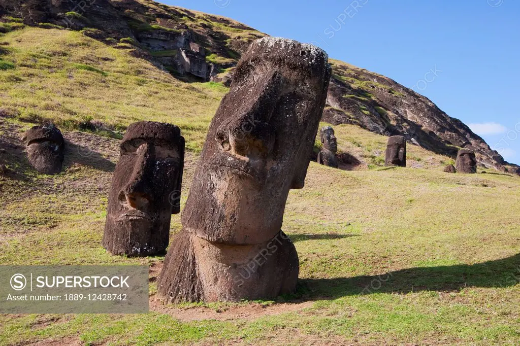 Moais By The Quarry On The Outer Slope Of The Rano Raraku Volcano, Rapa Nui (Easter Island), Chile