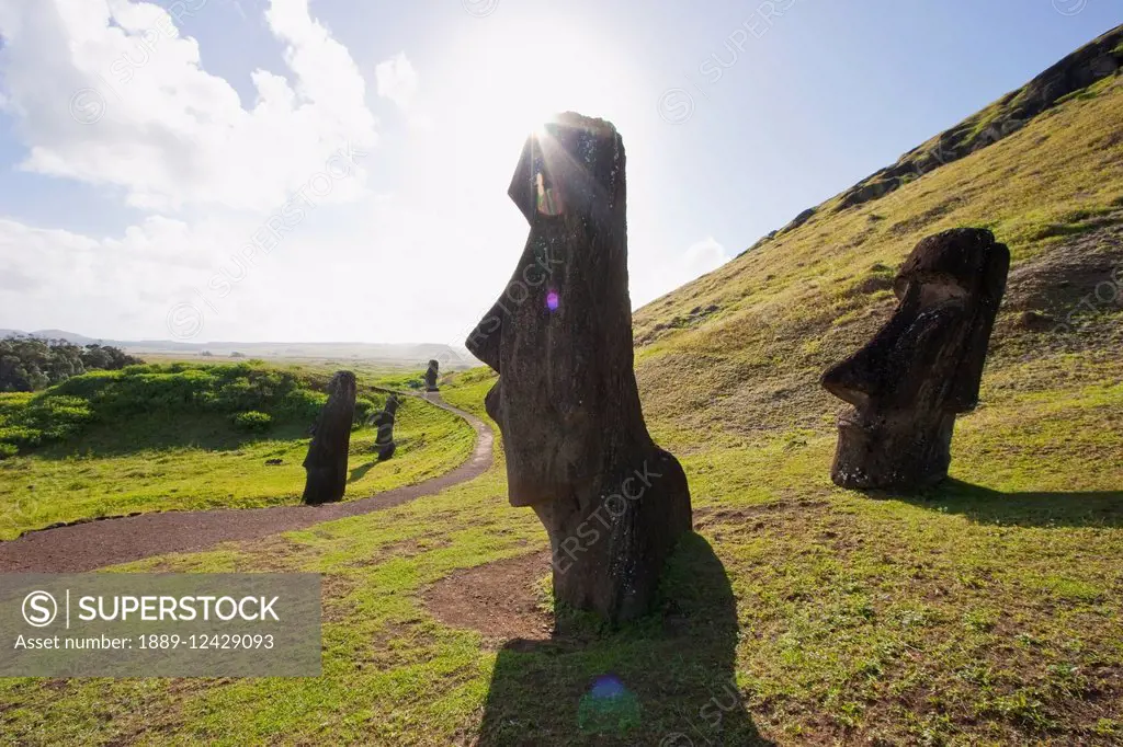 Moais By The Quarry On The Outer Slope Of The Rano Raraku Volcano, Rapa Nui (Easter Island), Chile