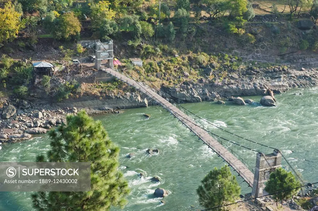 Simple Suspension Bridge Over The Jhelum River, Azad Kashmir, Pakistan