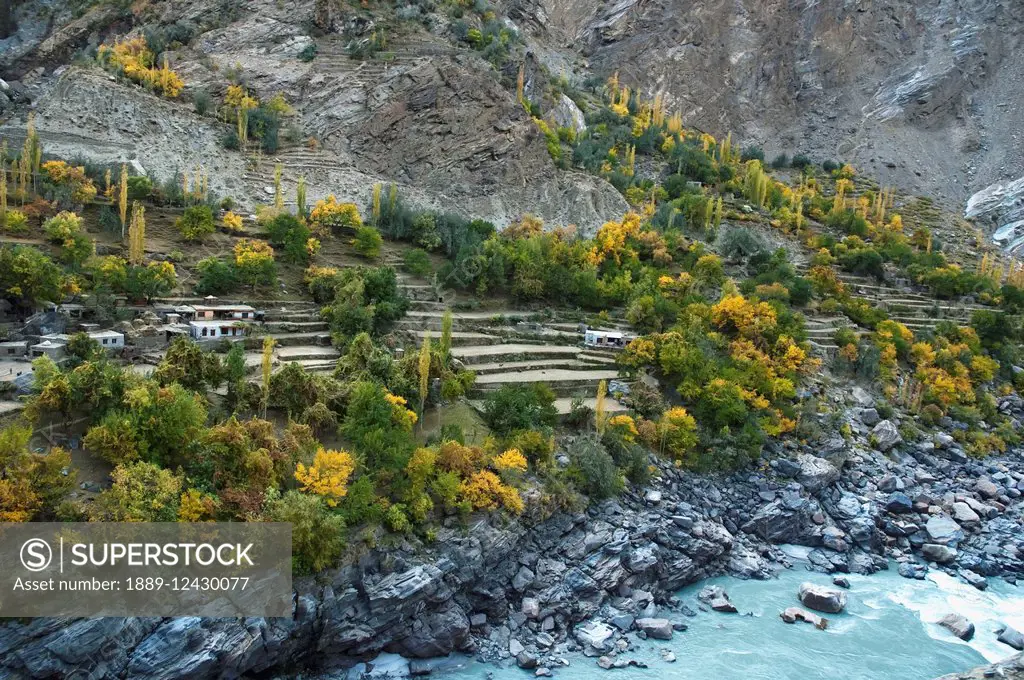 Houses And Fields On A Promontory In The Indus River Gorge, Skardu, Northern Areas, Pakistan