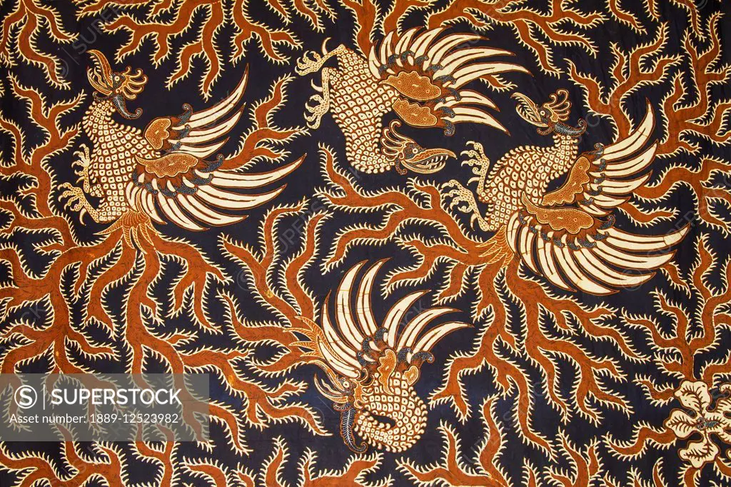 Antique Indonesian batik fabric on display at the Masterpieces Collection of Danar Hadi Batik Museum, Surakarta (Solo), Central Java, Indonesia