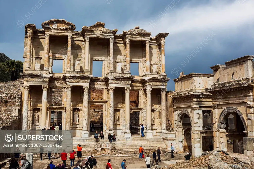 Tourists at the ruins of Celsus Library; Ephesus, Izmir, Turkey