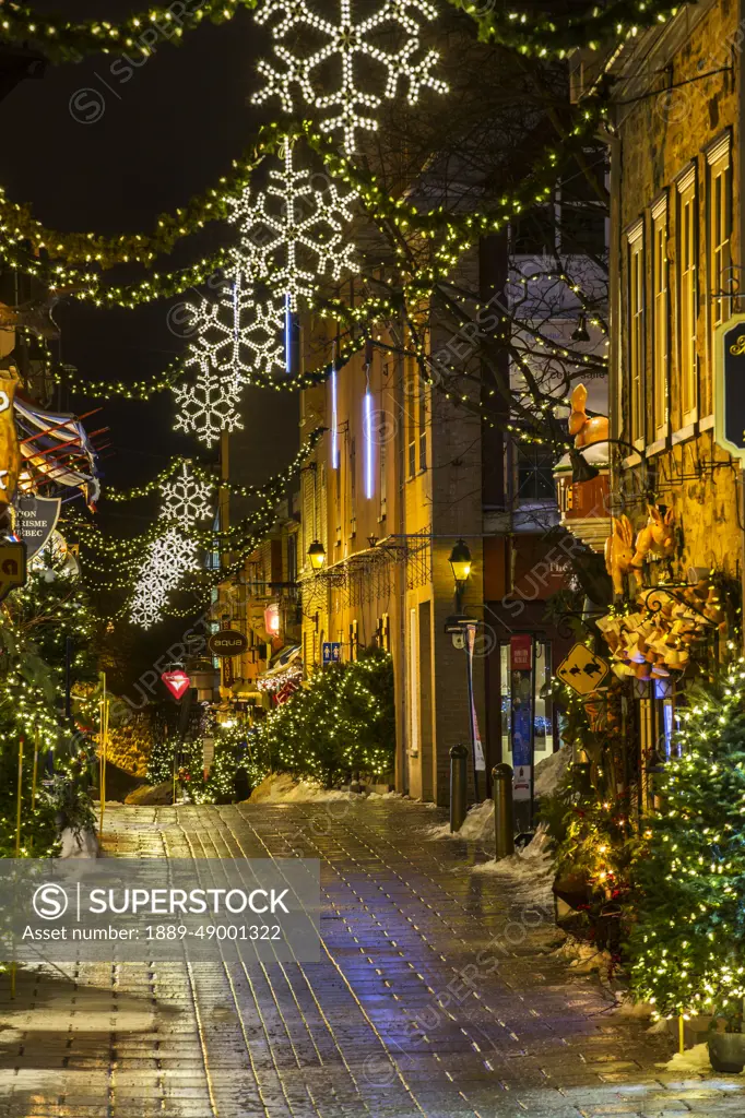 Lower Town Decorated For Christmas, Rue Du Petit Champlain; Quebec City, Quebec, Canada