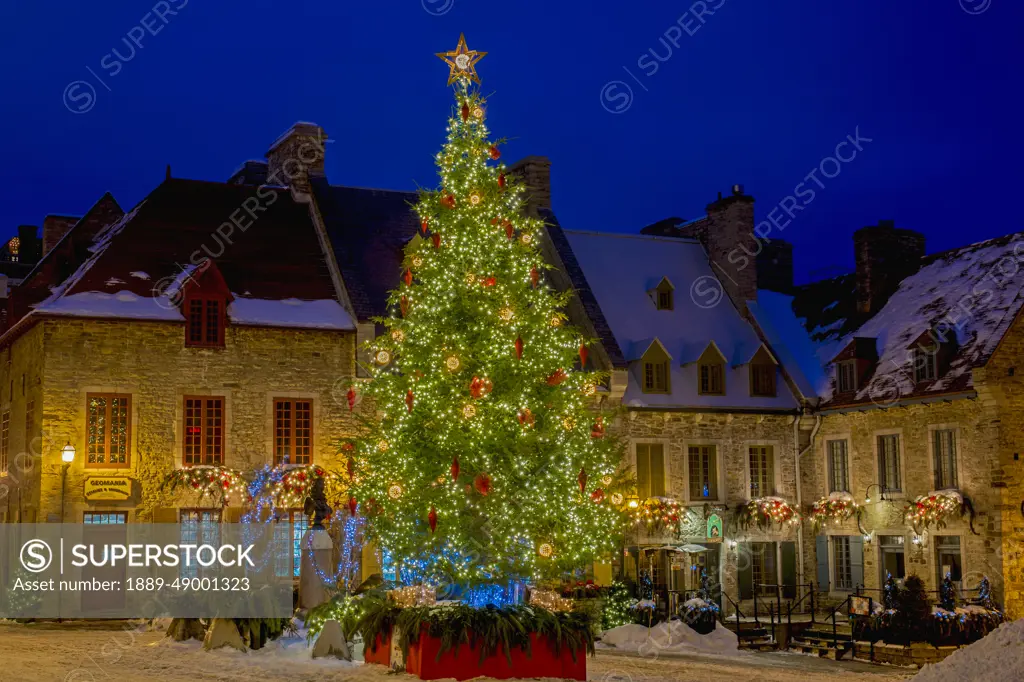 Lower Town Decorated For Christmas, Place Royale; Quebec City, Quebec, Canada