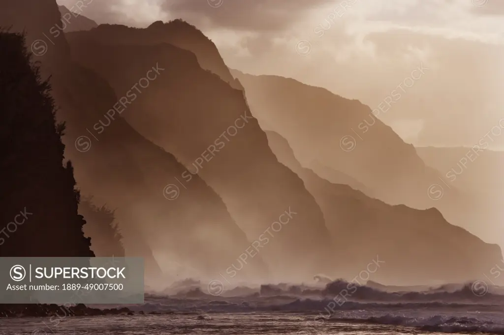 Hawaii, Kauai, North Shore, Na Pali Coast, Haena, Misty Waves At Dusk.