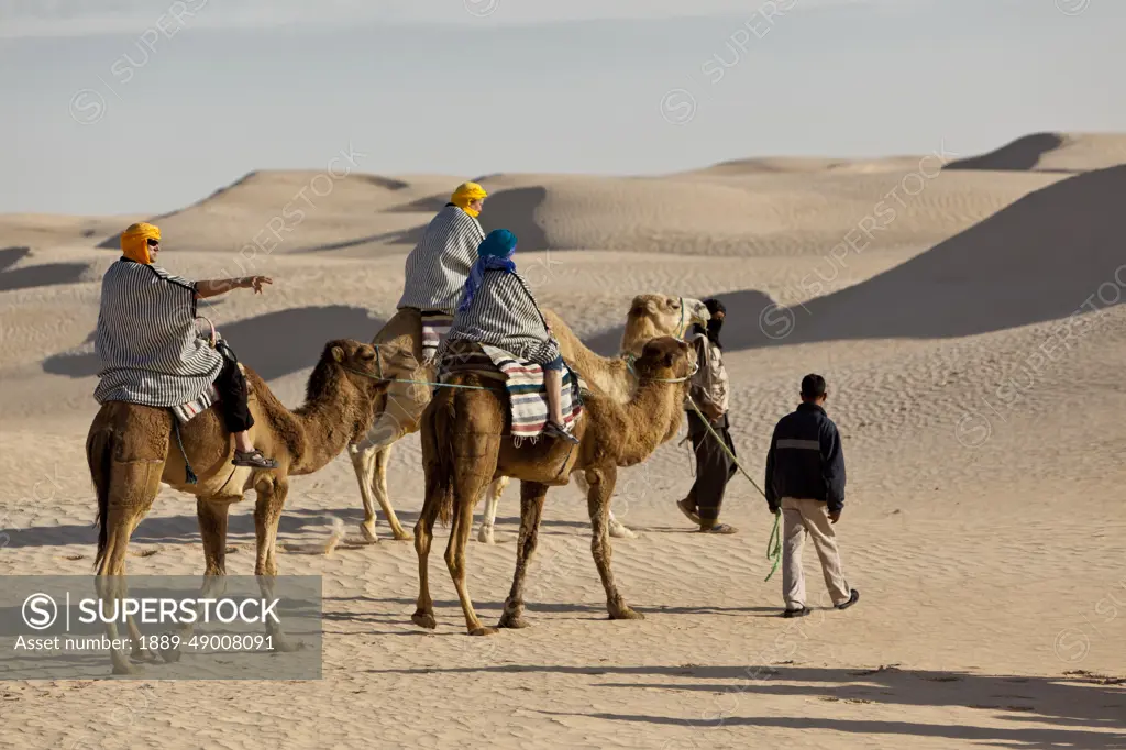 Tourists Enjoying A Camel Ride In The Desert; Zaafrane, Tunisia, North Africa