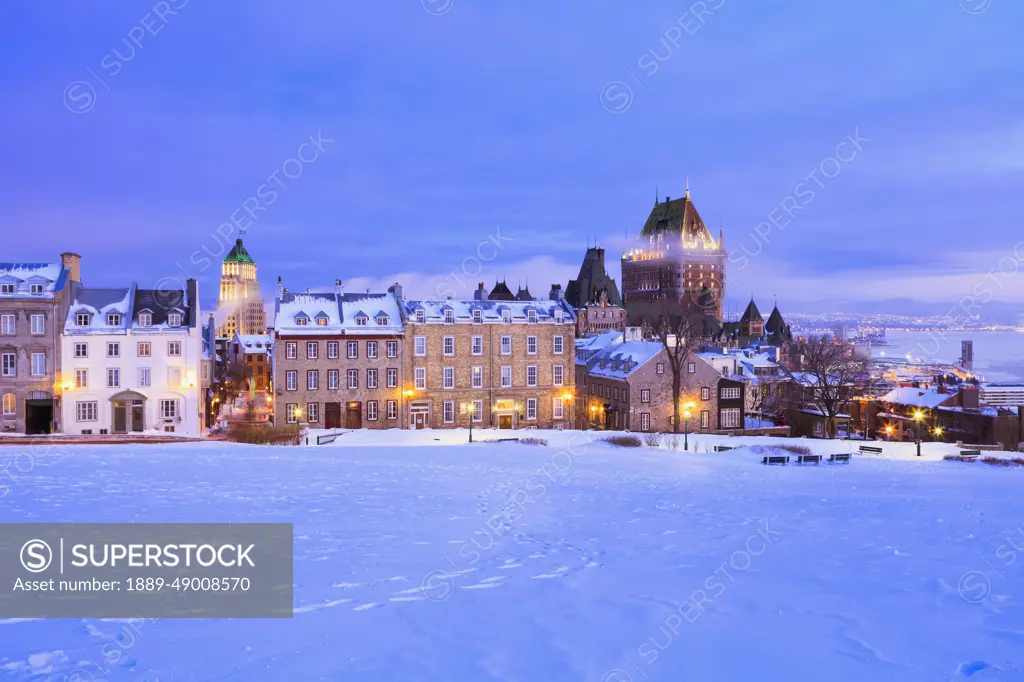 Saint-Denis Street And Chateau Frontenac At Dawn In Winter; Quebec City Quebec Canada