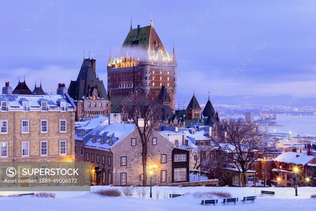 Saint-Denis Street And Chateau Frontenac At Dawn In Winter; Quebec City Quebec Canada