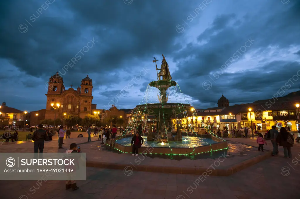 View of the fountain at night in Plaza de Armas, Cuzco, Peru; Cuzco, Peru