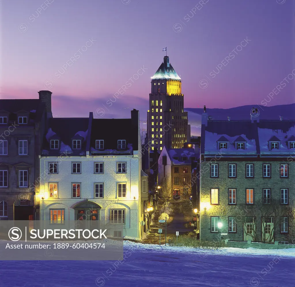 St. Denis Street With Edifice Price Building In The Background In Winter, Quebec City, Quebec