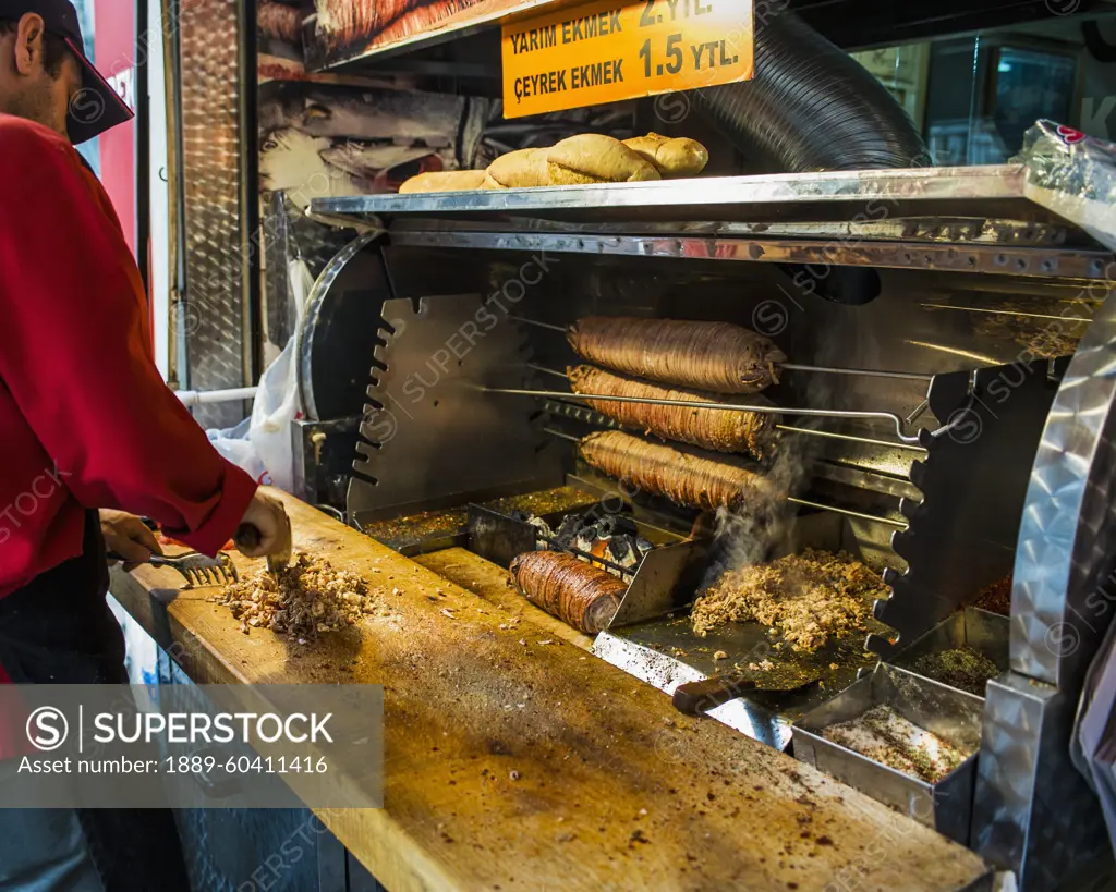 Chopping Food At A Food Cart; Istanbul, Turkey