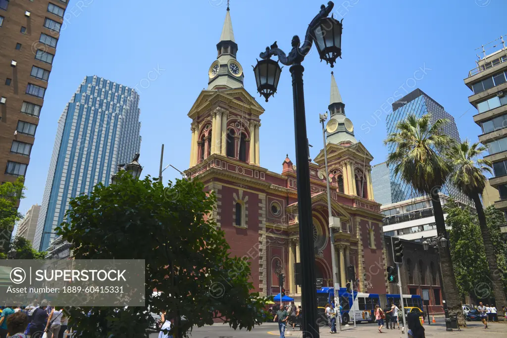 Contrast of old and new architecture and Basilica de La Merced in the city centre of Santiago, Chile; Santiago de Chile, Chile