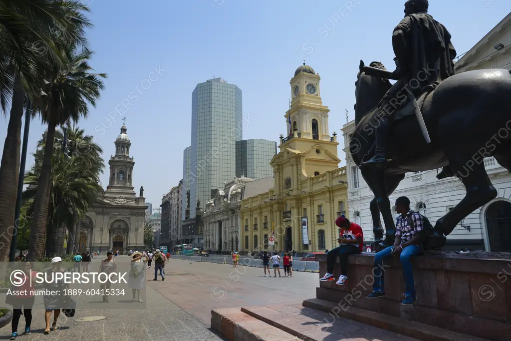 Plaza de Armas with a contrast of old and new architecture in Santiago, Chile; Santiago de Chile, Chile