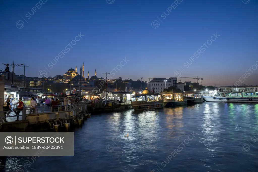 View of boats near Eminonu Square at night in Fatih, Istanbul; Istanbul, Turkey