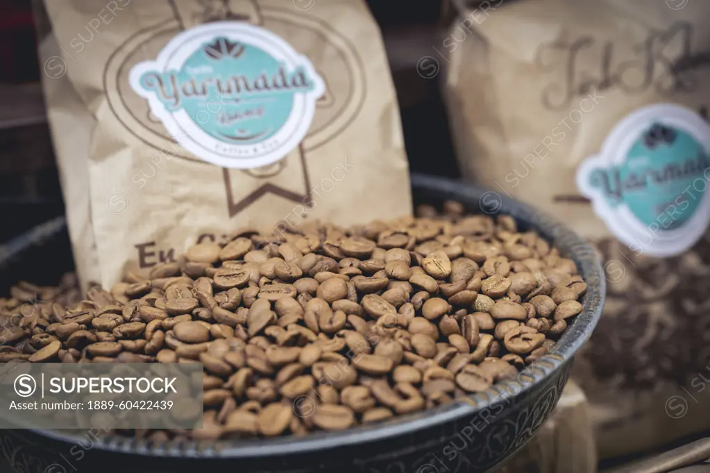 Close-up of Turkish coffee for sale at the Spice Bazaar in Istanbul; Istanbul, Turkey