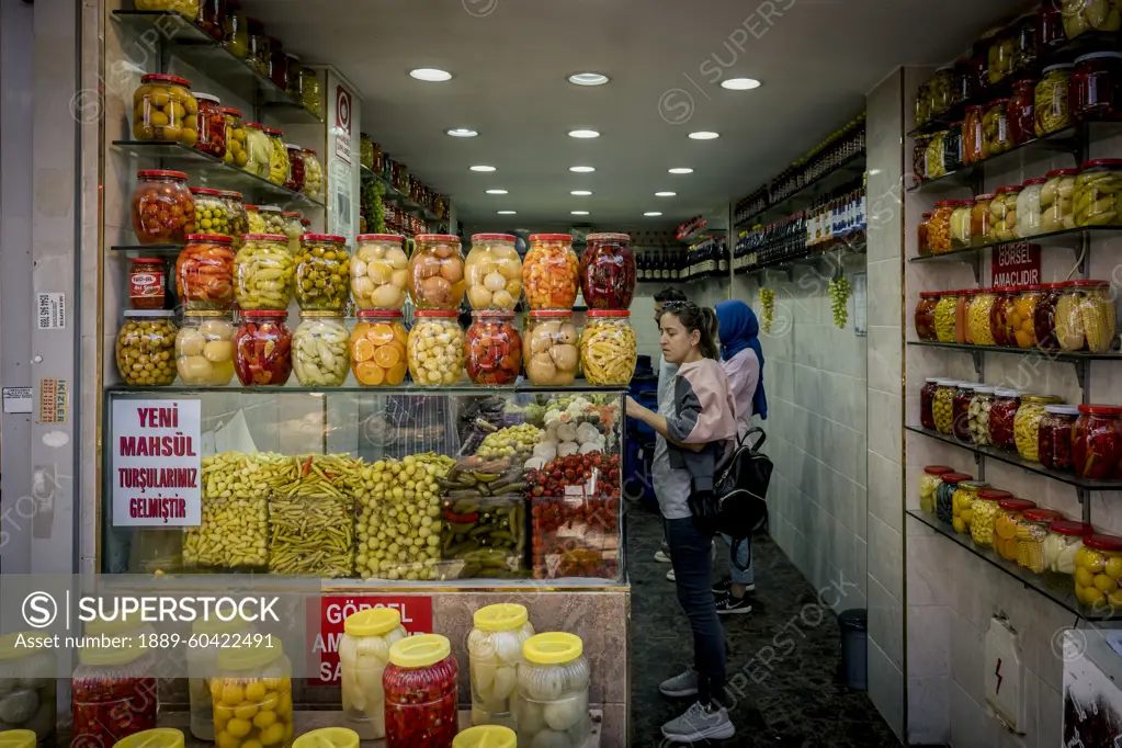 Pickled vegetables for sale at Kadikoy produce market at Kadikoy, Istanbul; Istanbul, Turkey