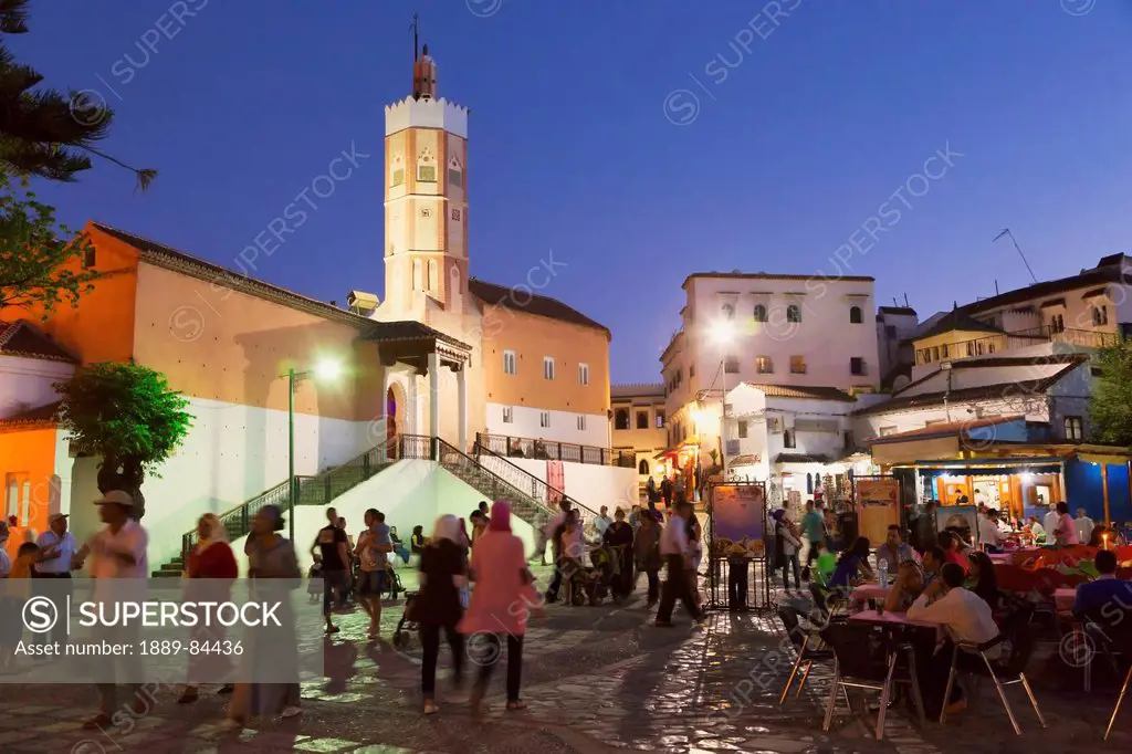 Place Outa El Hammam With The Great Mosque On The Left At Dusk, Chefchaouen Province Morocco