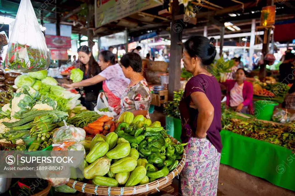 Burma, Shan State, People In Market Selling And Buying Produce; Lashio