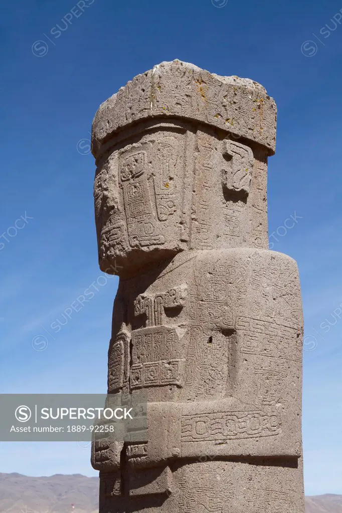 Stela 8 or Ponce Monolith made of andesite in the courtyard of the Kalasasaya Temple, Tiwanaku, La Paz Department, Bolivia