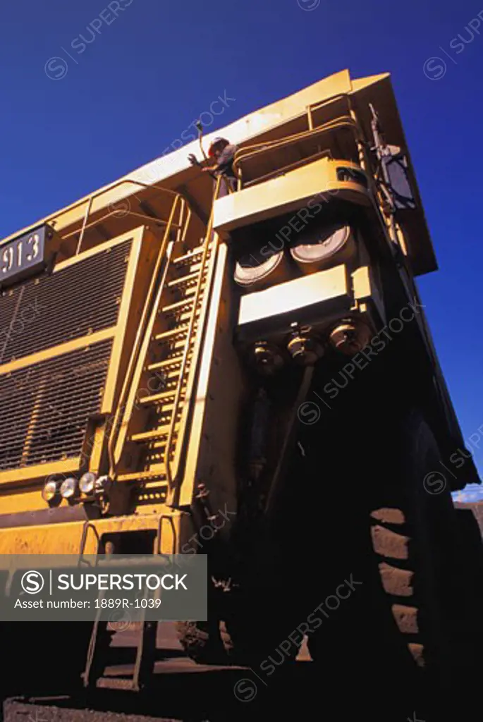 Closeup view of front of ore truck