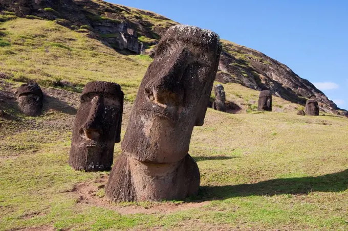 Moais By The Quarry On The Outer Slope Of The Rano Raraku Volcano, Rapa Nui (Easter Island), Chile