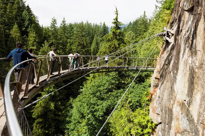 Tourists walking on the Capilano Suspension Bridge; Vancouver, British Columbia, Canada