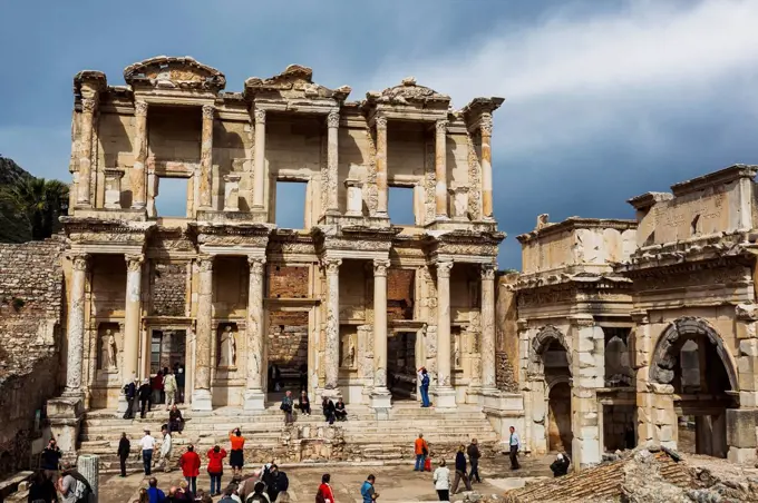 Tourists at the ruins of Celsus Library; Ephesus, Izmir, Turkey