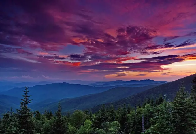 A summer sunset from Clingman's Dome in Great Smokey Mountains National Park; Forney's Creek, North Carolina, United States of America