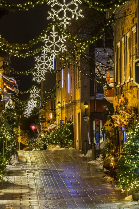 Lower Town Decorated For Christmas, Rue Du Petit Champlain; Quebec City, Quebec, Canada