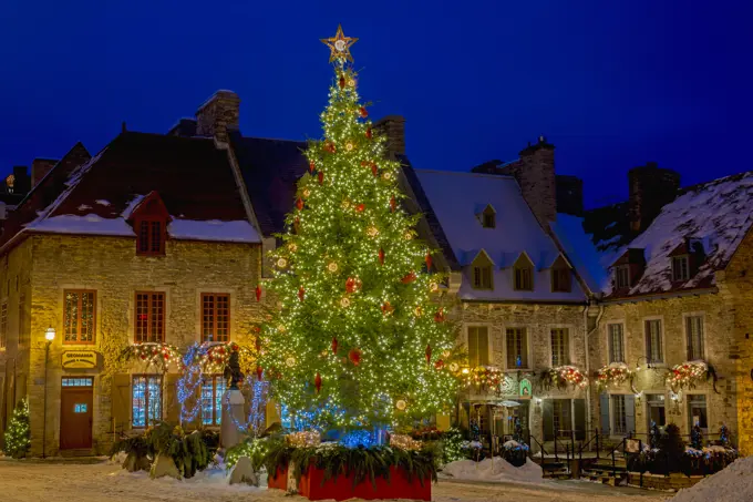 Lower Town Decorated For Christmas, Place Royale; Quebec City, Quebec, Canada