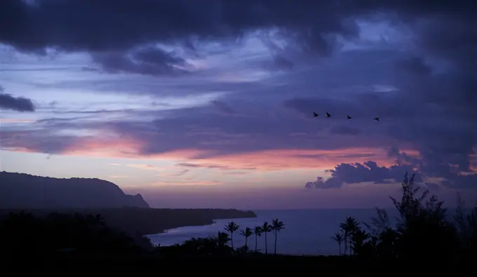 Hawaii, Kauai, Kilauea, Sunsetting Over The North Shore.