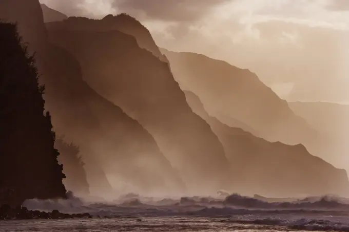 Hawaii, Kauai, North Shore, Na Pali Coast, Haena, Misty Waves At Dusk.