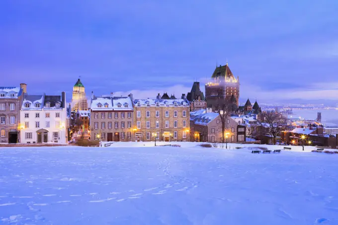 Saint-Denis Street And Chateau Frontenac At Dawn In Winter; Quebec City Quebec Canada