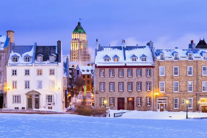 Saint-Denis Street And Price Building At Dawn In Winter; Quebec City Quebec Canada