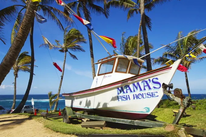 Hawaii, Maui, A Fishing Boat In Front Of Mama's Fish House Restaurant On The North Shore. Editorial Use Only.